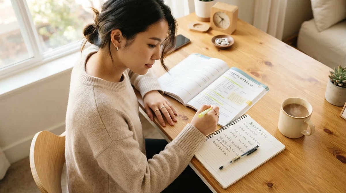 ある女性が木製の机に向かい、目の前に開いた本を置きながらノートに何かを書き込んでいる。机の上には、カップ、観葉植物、時計、そして電話が置かれている。近くの窓から自然光が差し込んでいる。.