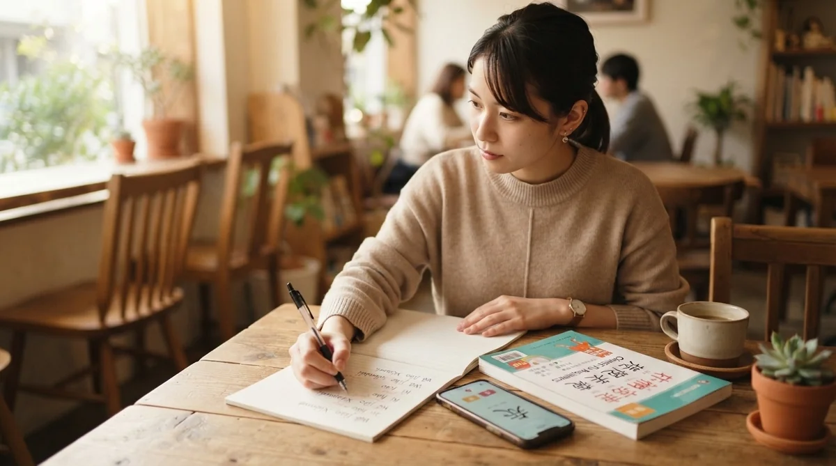 ある女性がカフェの木製のテーブルに座り、ノートに何かを書きながら、その横には本やスマートフォン、そしてコーヒーカップが置かれている。.
