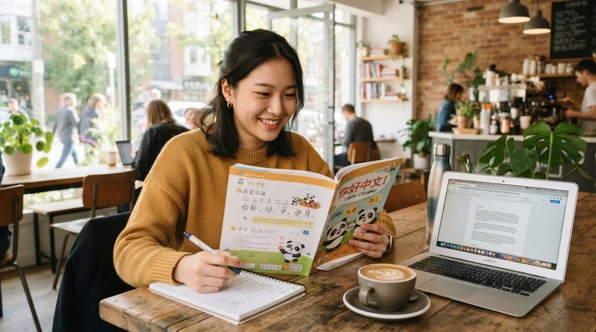 ある女性が、ノートとノートパソコン、そしてラテを手にカフェのテーブルに座り、色鮮やかな中国語のワークブックを手に取りながら、微笑んでいる。.