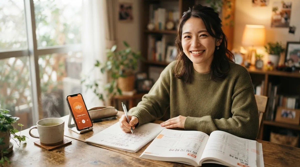 本やスマートフォンをテーブルに並べ、植物や本棚が背景に見える、日差しが差し込む居心地の良い部屋で、勉強しながら微笑んでいる女性の写真。.