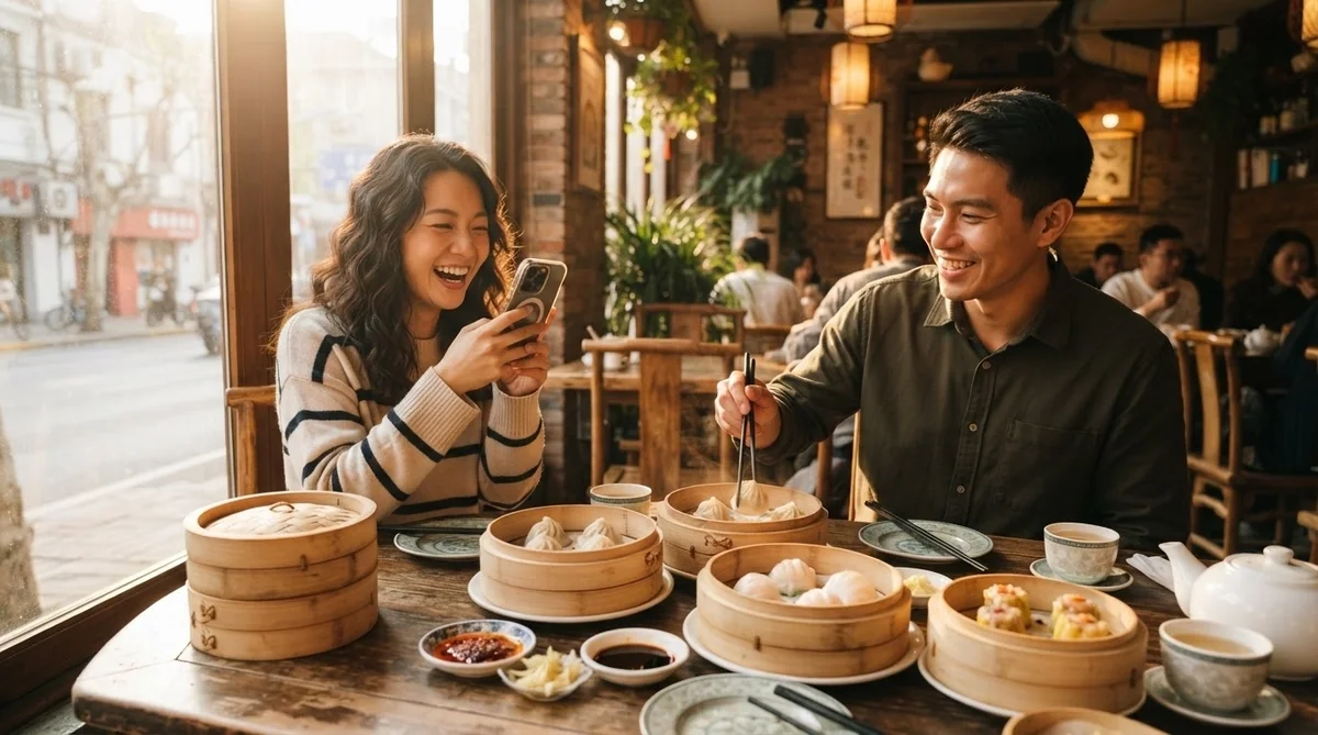 レストランのテーブルには、点心の盛り合わせを前にして2人が座っている。一人はスマホを見ながら笑っており、もう一人は箸を使っている。大きな窓から日差しが差し込んでいる。.