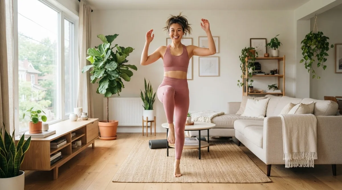 ピンクのトレーニングウェアを着た女性が、木製の床に植物やモダンな家具が置かれた明るいリビングルームでエクササイズをしている。.