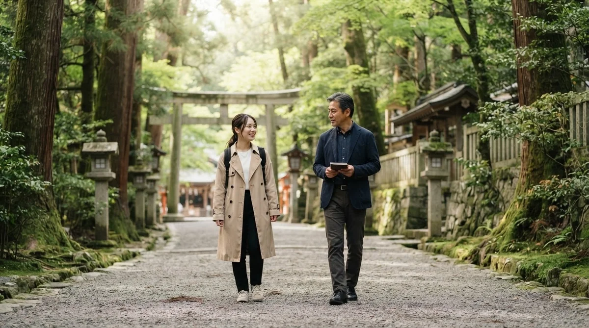 2人が、背の高い木々や伝統的な木造建築に囲まれた、静かで緑豊かな屋外環境の中、砂利道を歩いている。.