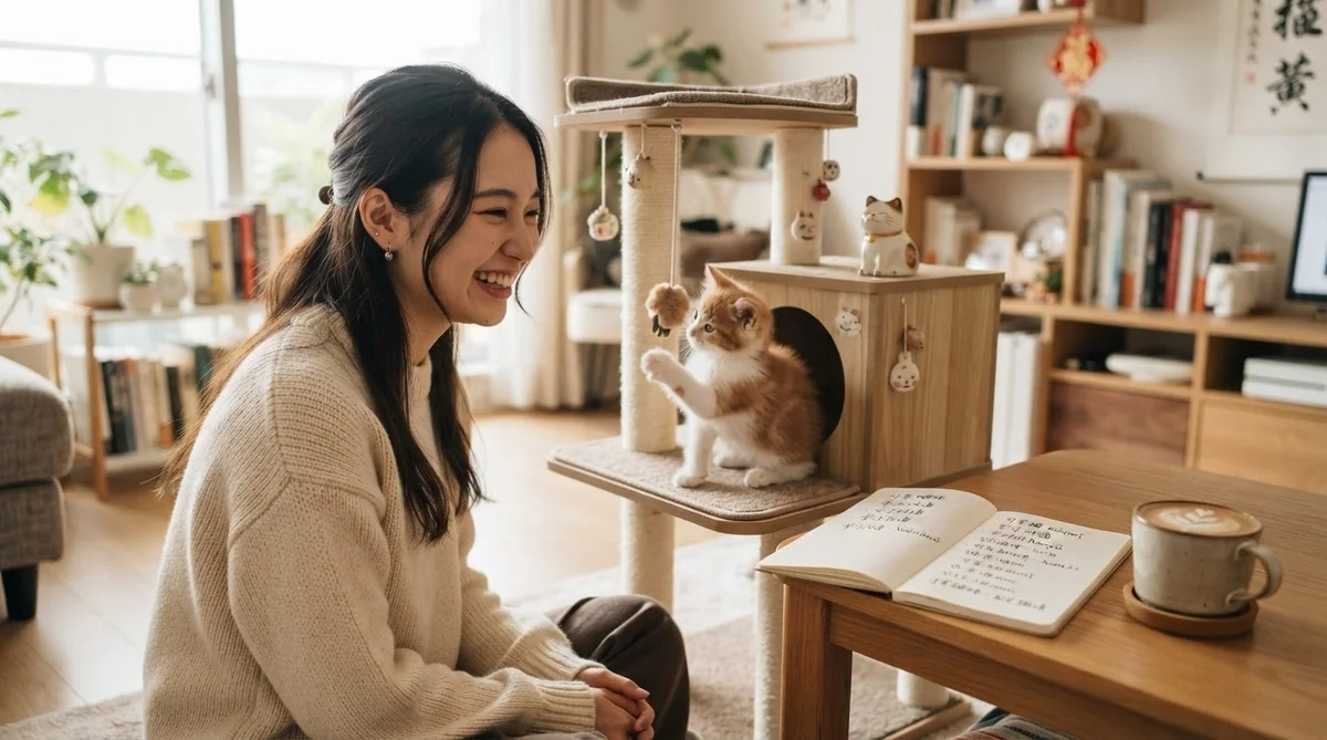 床に座った女性が、キャットタワーで遊ぶ子猫に微笑みかけている。明るく居心地の良いリビングのテーブルの上には、開いたノートとコーヒーカップが置かれている。.