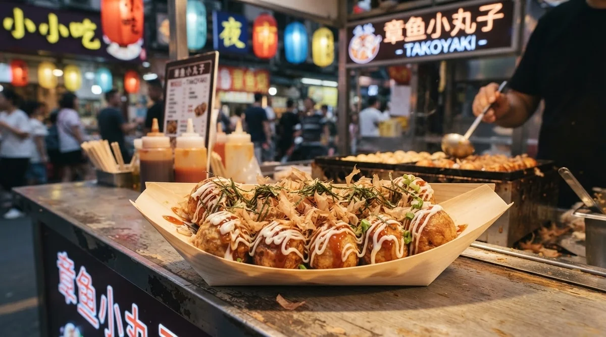 賑やかな夜市の屋台では、ソースとハーブをトッピングしたたこ焼きが木製のトレイに盛られて提供されており、その背景では店主がさらにたこ焼きを焼いている。.
