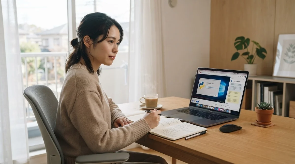 女性が机の前に座り、ノート、ペン、そしてPythonのプログラミングチュートリアルが表示されたノートパソコンを前にしています。明るい部屋の木製の机の上には、コーヒーカップ、観葉植物、マウスも置かれています。.