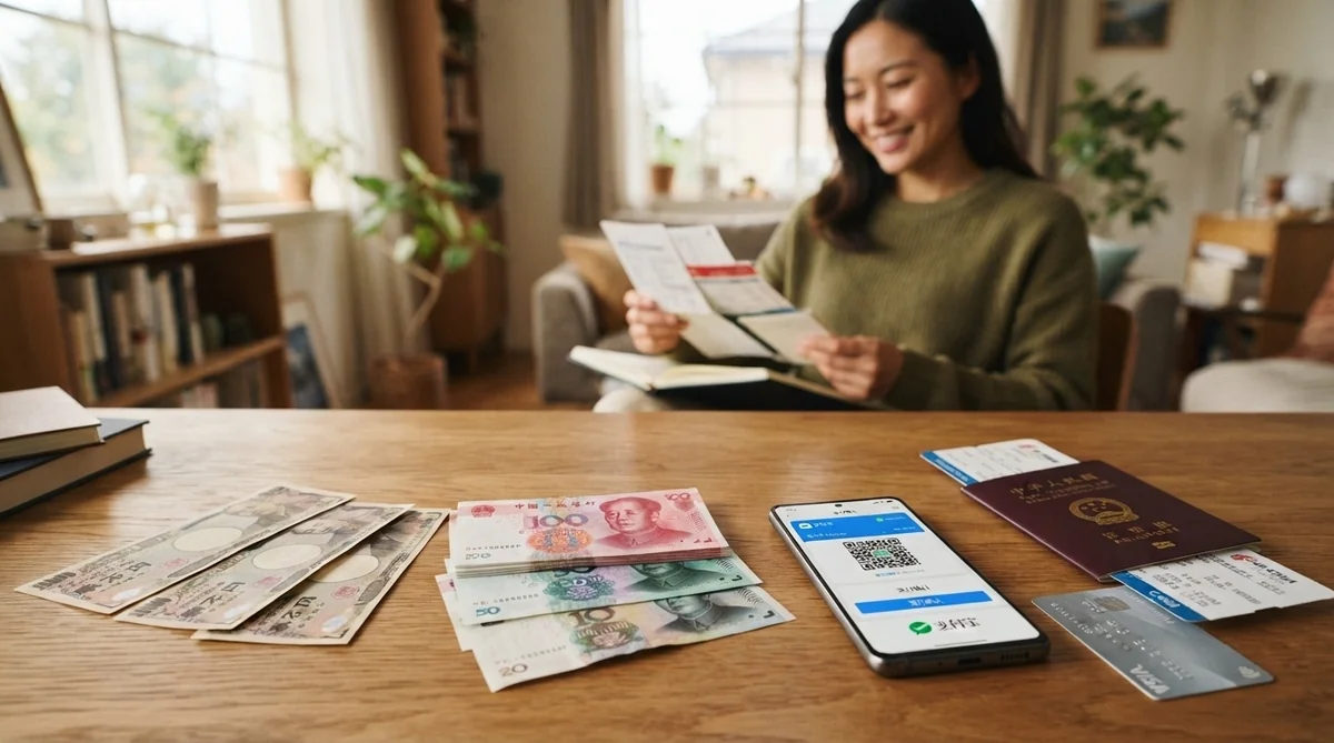 ある女性が、さまざまな通貨、QRコードが表示されたスマートフォン、パスポート、そしてクレジットカードが置かれたテーブルの前に座っている。.