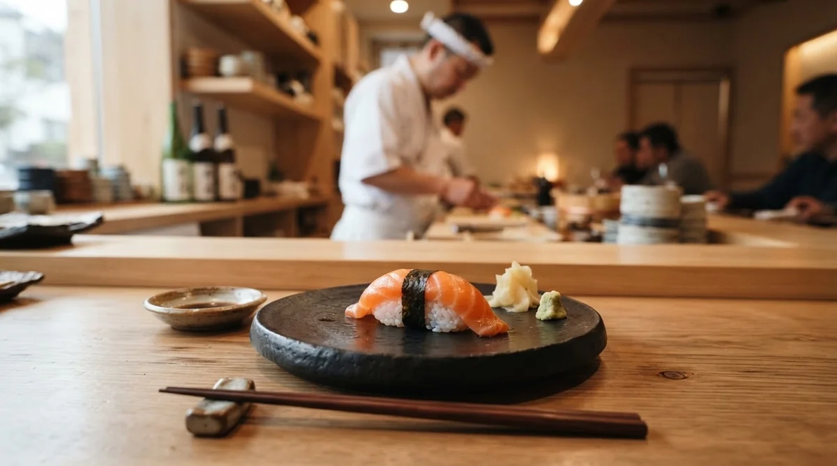 黒いお皿に載った鮭の握り寿司1貫と、わさび、生姜。背景には、寿司バーで作業するシェフの姿。.