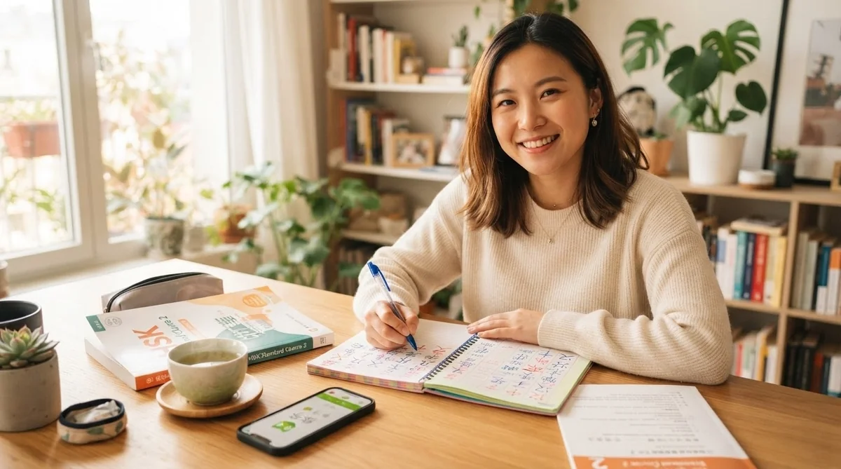 植物や本棚が並ぶ、日差しが差し込む居心地の良い部屋で、女性が木製のテーブルに座り、本や書類、ノート、スマートフォンを広げて勉強しながら微笑んでいる。.
