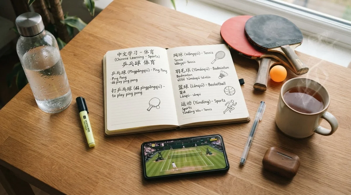 窓際の木製のテーブルの上に、スポーツ用語が書かれたノート、蛍光ペン、テニスの試合が表示されたスマートフォン、水筒、お茶、鉛筆、消しゴム、そして卓球のラケットが置かれている。.