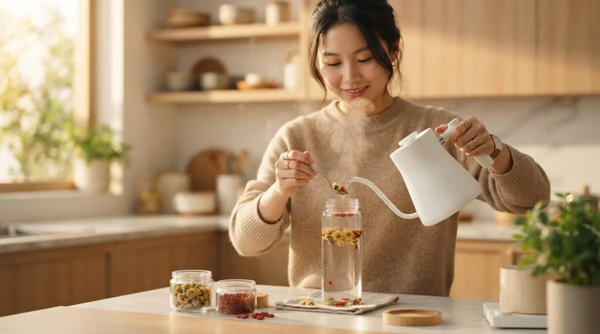 台所で、女性がやかんから熱湯を、ドライフルーツやハーブが入ったガラス瓶に注いでいる。カウンターの上には、材料が入った瓶が並んでいる。.