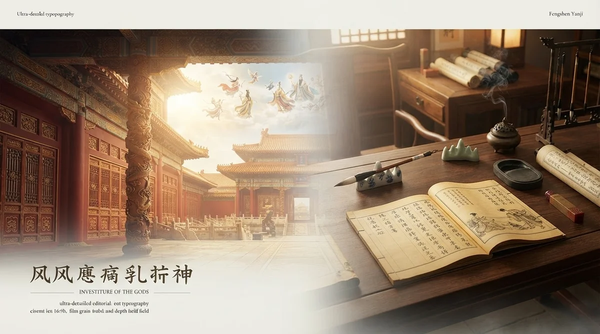 左側には古代中国の建築物と空を舞う神々が、右側には巻物や書道道具が置かれた伝統的な書斎机が描かれた、二分割された画像。.