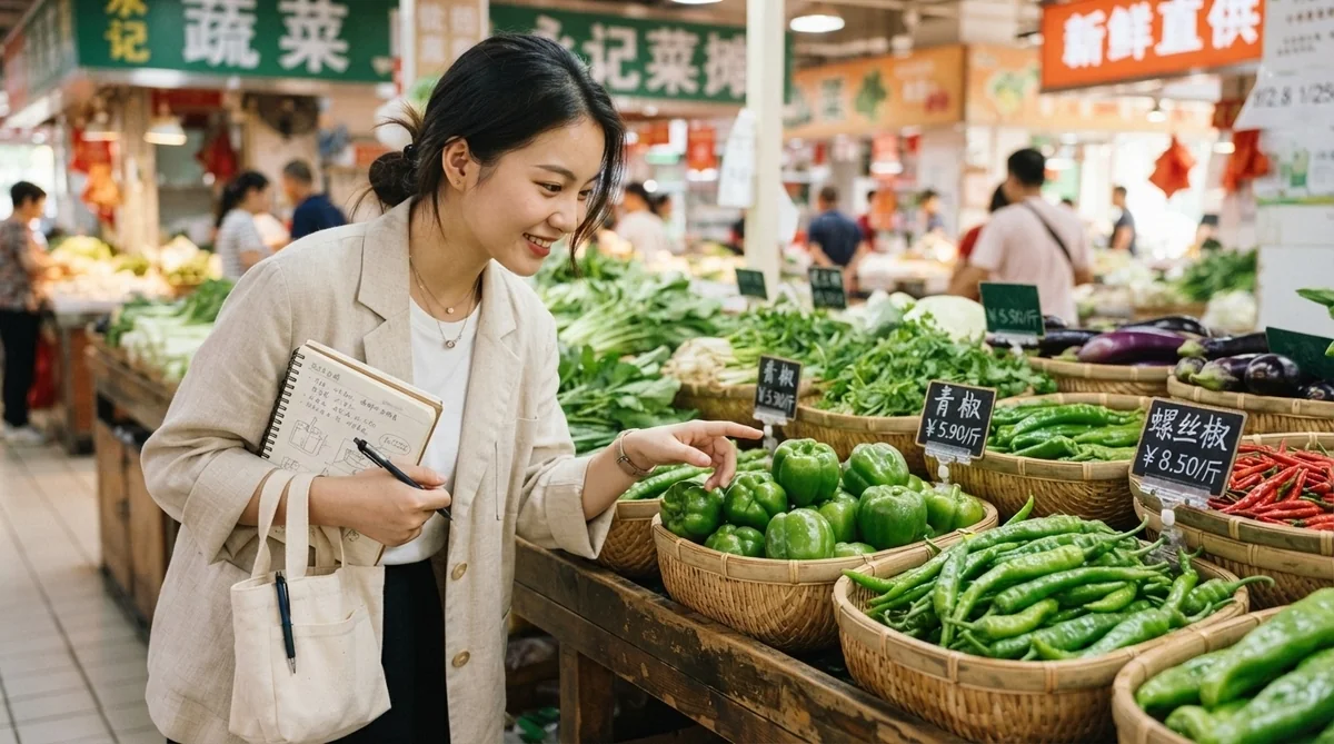 ある女性が市場に立ち、ノートと買い物袋を手に、さまざまな野菜が並んだかごの中から緑のパプリカを選んでいる。.