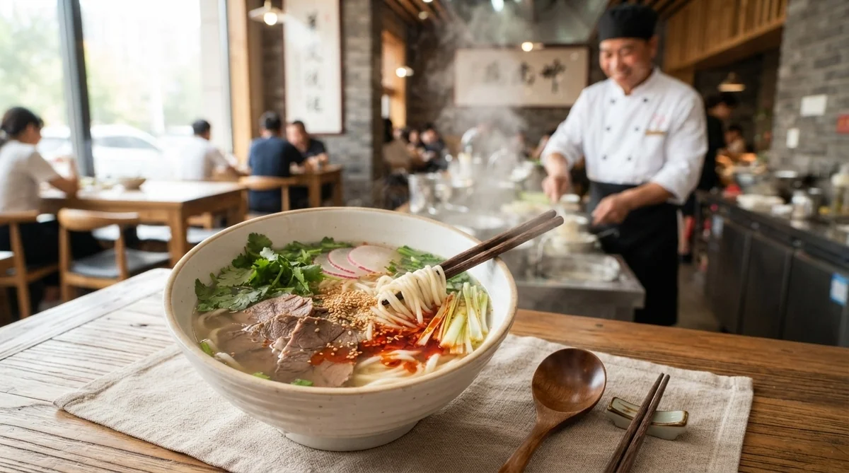 テーブルの上に、牛肉、野菜、ラー油が入った麺のスープの器が置かれている。賑やかなレストランの背景では、シェフが調理をしている。.