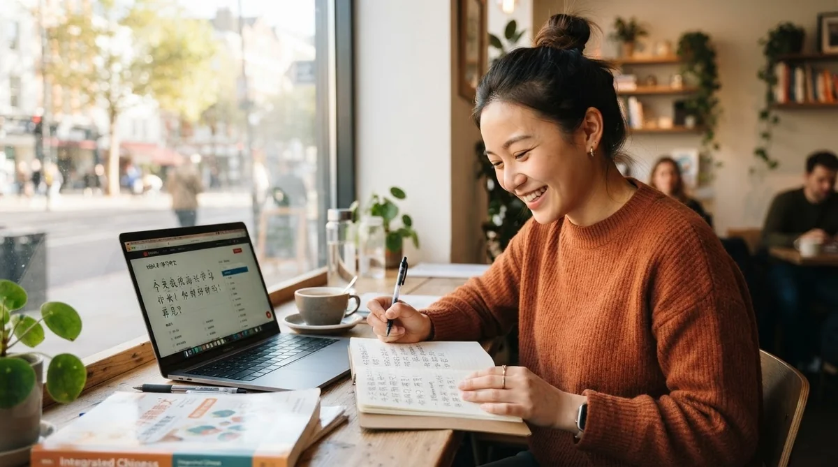 ある女性がカフェのテーブルに座り、ノートパソコン、ノート、教科書を使って中国語の勉強をしている。彼女は何かを書きながら微笑んでおり、そばにはコーヒーカップが置かれている。.