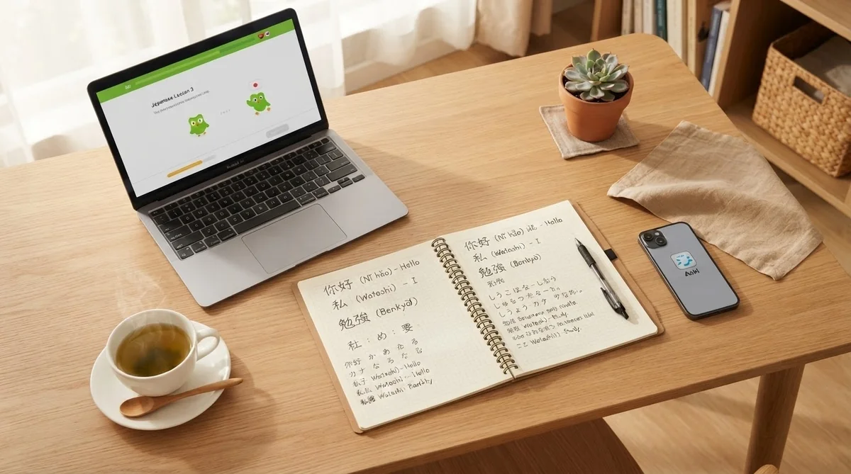 机の上には、Duolingoが開かれたノートパソコン、手書きの語学メモが書かれた開かれたノート、ペン、スマートフォン、お茶の入ったカップ、そして小さな鉢植えが置かれている。.