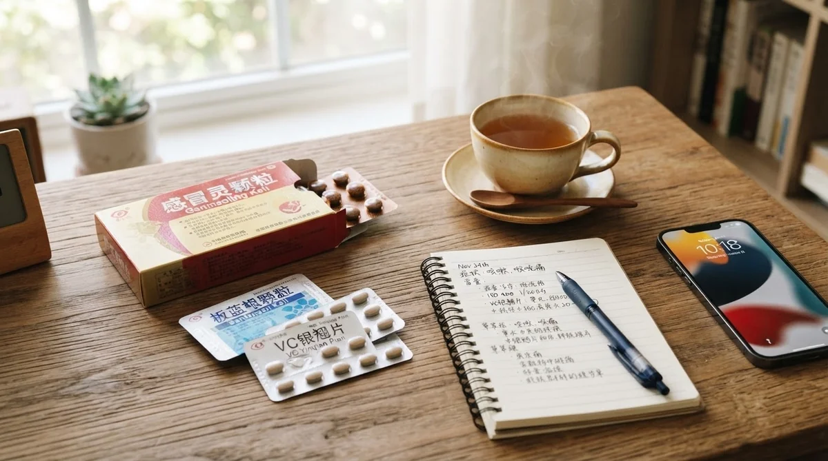 木製のテーブルの上に、お茶の入ったカップ、薬、薬箱、手書きのメモが書かれたメモ帳、ペン、そして10:18と表示されたスマートフォンが置かれている。.