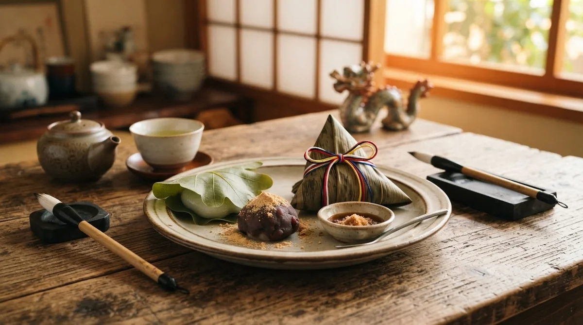 木のテーブルの上には、葉で包まれたお菓子や三角形のおこわなど、伝統的な和菓子が盛り付けられたお皿が置かれており、その横にはお茶、急須、そして筆記用具が並んでいる。.