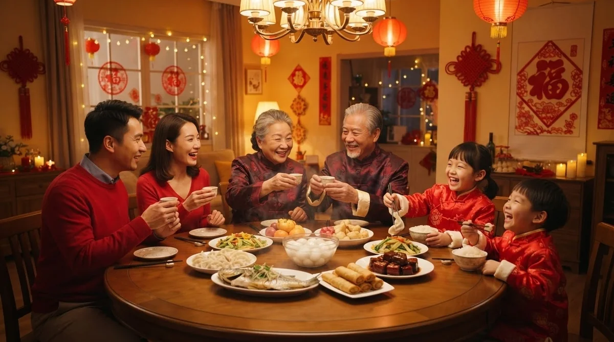 伝統的な衣装を身にまとった一家が、春節の飾り付けと温かみのある照明に囲まれた円卓を囲み、お祝いの食事を楽しんでいます。.