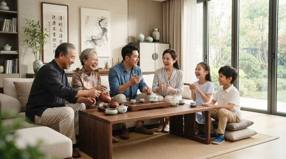 大きな窓があり、伝統的な装飾が施されたモダンなリビングルームで、大人3人、子供2人、そして高齢の女性が低い木製のテーブルを囲んで座り、笑顔を交わしながらお茶を飲んでいる。.