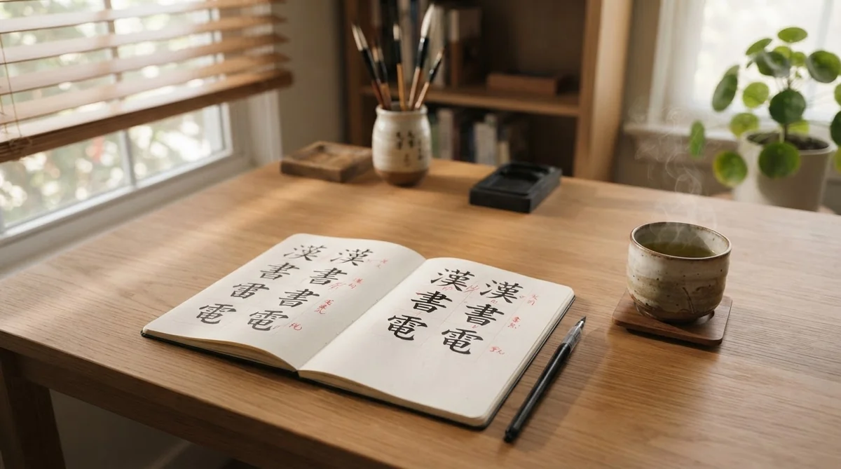 木製の机の上に、日本の書道が書かれた開かれたノートが置かれており、その横にはペンと湯気の立つカップがあり、背景には本棚が見える。.