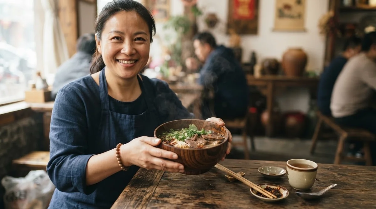 レストランの木製のテーブルに、エプロンを着た女性が座り、麺のスープが入った器を手に持ちながら微笑んでいる。テーブルの上にはお茶と調味料が置かれている。.