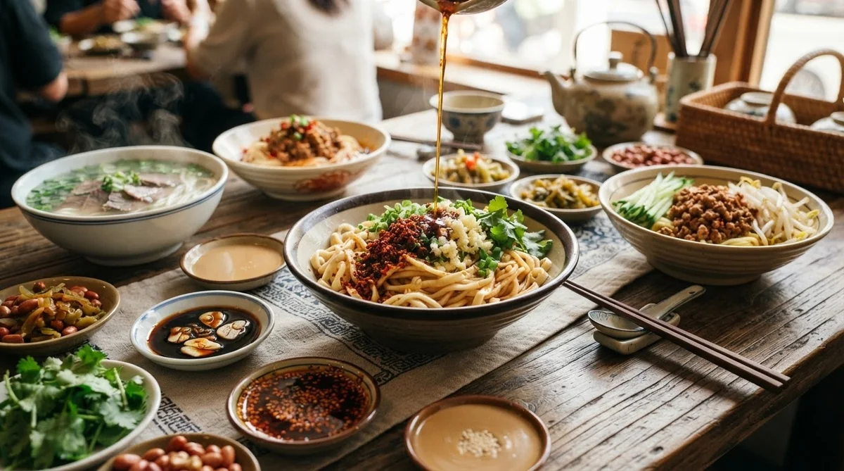 木製のテーブルの上には、具材やタレが添えられたさまざまな中華麺の丼が並べられており、誰かがそのうちの1つの丼にタレをかけている。そのほか、料理や箸、急須なども写っている。.
