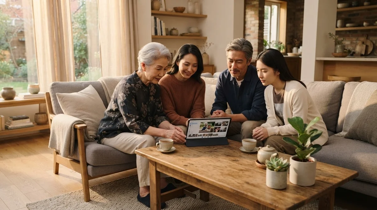 木製の家具や観葉植物、温かみのある照明が置かれた居心地の良いリビングで、4人がソファに座り、ノートパソコンの画面を一緒に眺めている。.