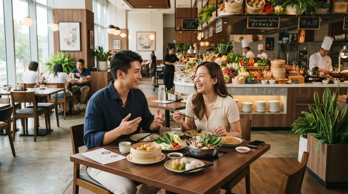 レストランのテーブルに、男女が座り、さまざまなアジア料理を前に、笑顔で会話を交わしている。明るく照らされたモダンなダイニングエリアには、他の客やシェフたちの姿も見られる。.