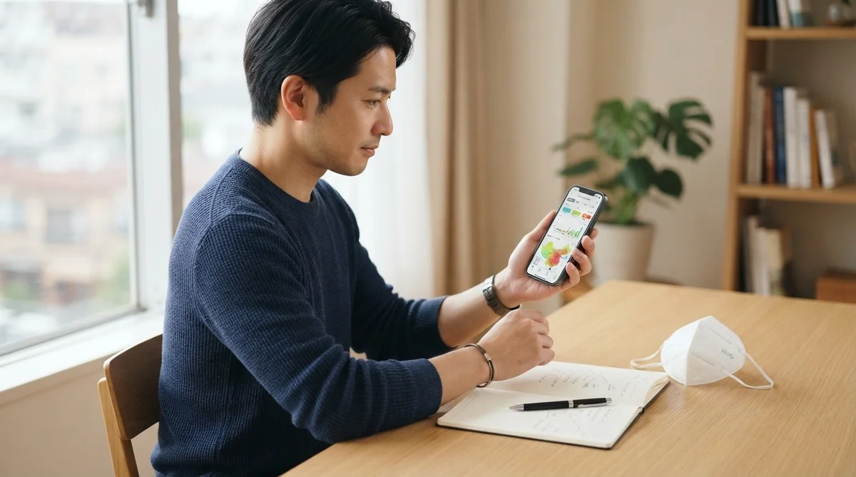 ある人がテーブルに座り、グラフが表示されたスマートフォンを見つめている。そのそばには、開いたノート、ペン、そしてマスクが置かれている。.