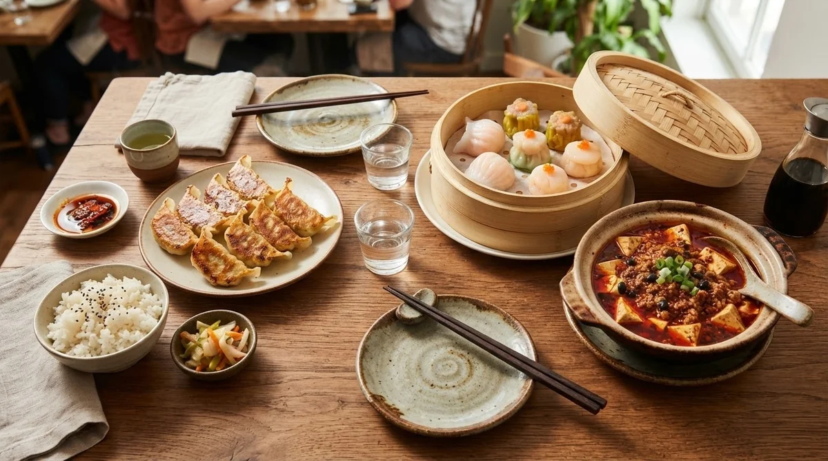 木製のテーブルには、餃子、蒸し点心、麻婆豆腐、白ご飯、漬物やタレの小皿、そして水が入ったグラス2つが並べられていた。.