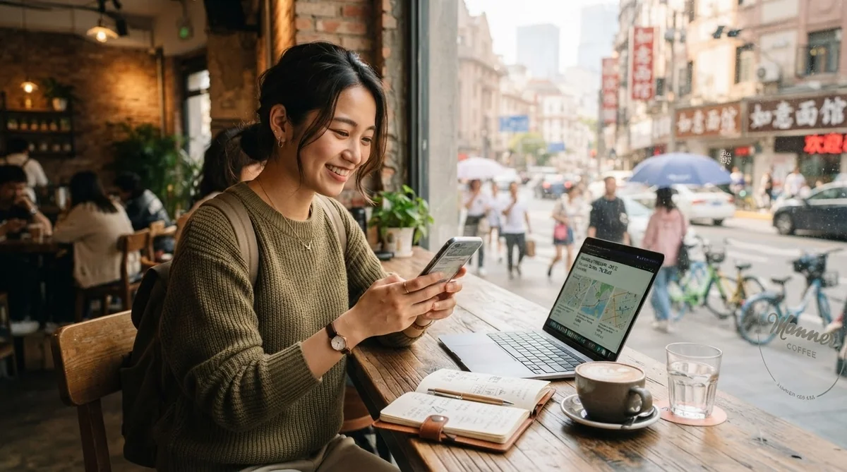 カフェに座っている女性が、開いたノートパソコン、ノート、コーヒーカップの横でスマートフォンを操作している。大きな窓の外には、歩行者やお店が並ぶ賑やかな通りの風景が広がっている。.