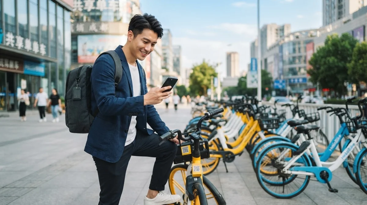 街中の通りで、シェアサイクルの列の中に停められた黄色い自転車に片足を乗せ、リュックサックを背負った男性がスマートフォンを確認している。.