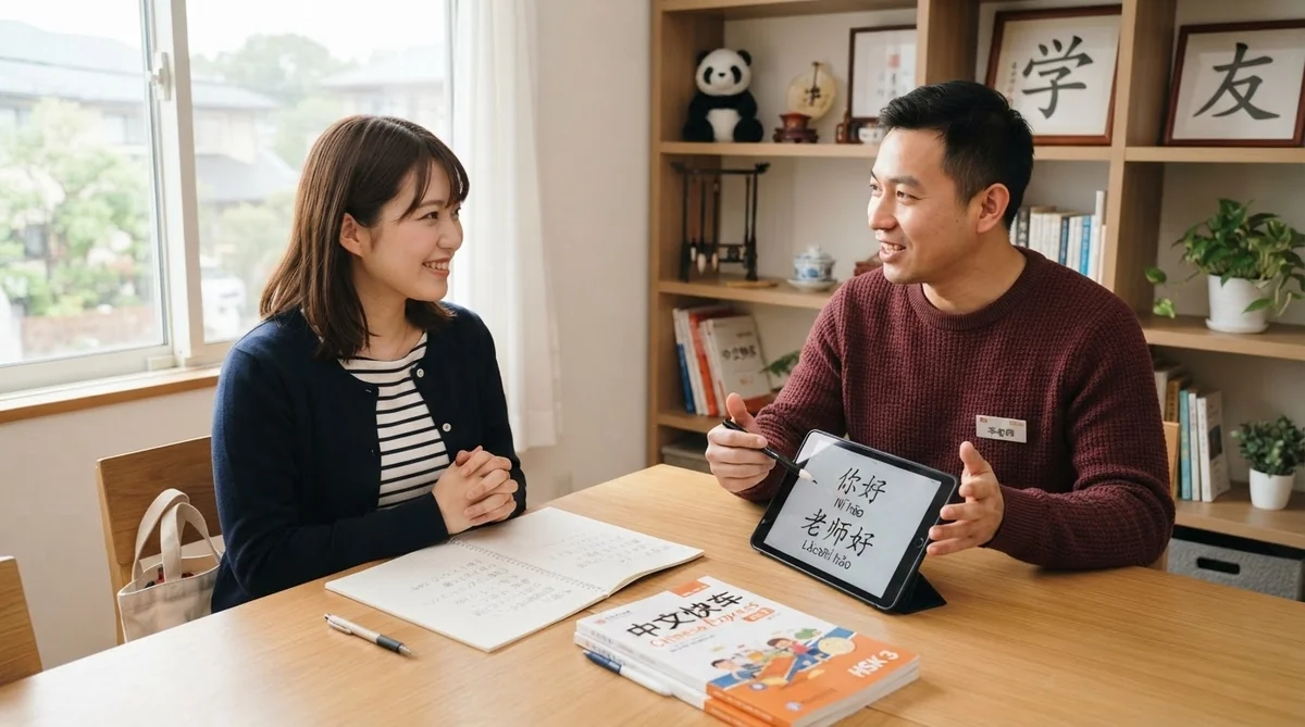 男性と女性が中国語の教科書が置かれたテーブルに座っており、男性はタブレットに表示された漢字を見せている。.