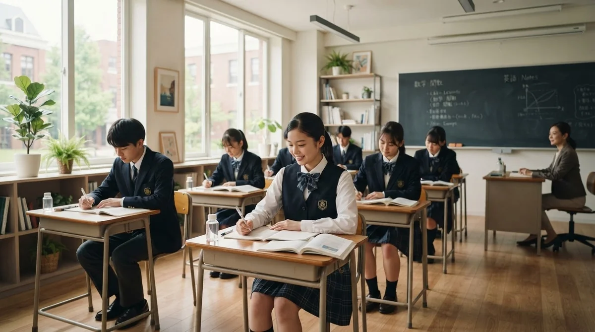 制服を着た生徒たちが教室の机に座り、読み書きをしている。教壇の前には、数学や国語の授業の内容が書かれた黒板があり、そのそばに教師が立っている。.