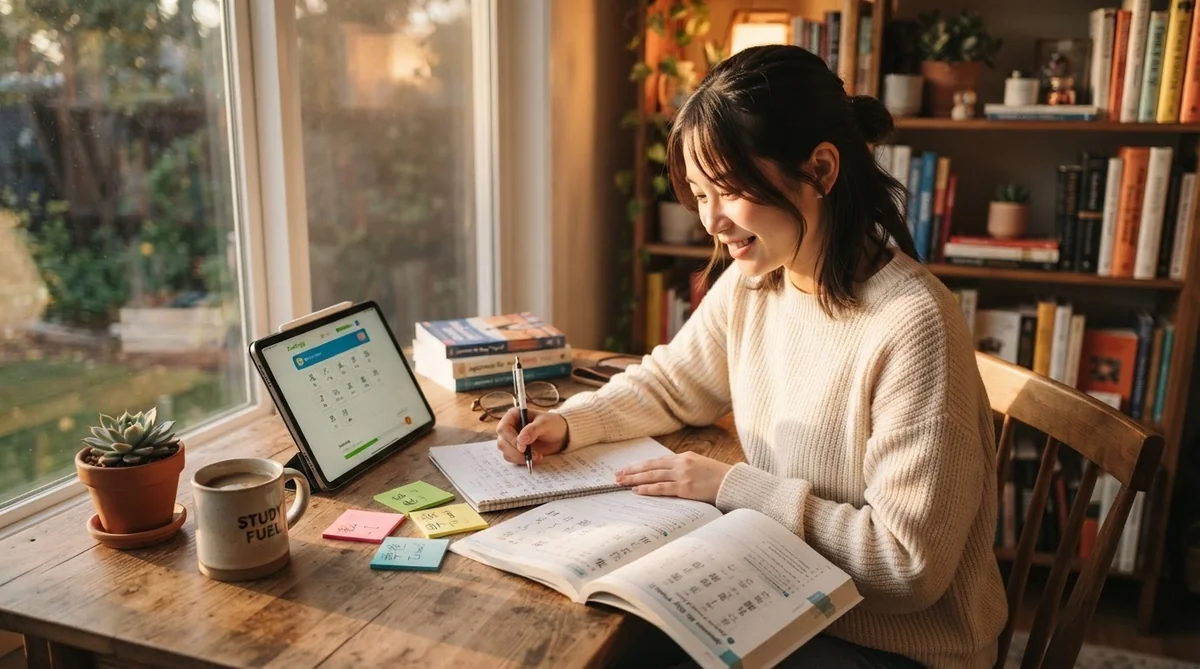 窓から日差しが差し込む部屋で、机に向かい、本やカレンダーが表示されたタブレット、付箋、そして「勉強のエネルギー」と書かれたマグカップを前に、ある人が勉強している。.