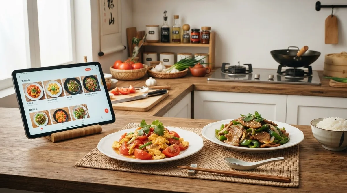 木製のカウンターの上に、2皿の中国料理、ご飯茶碗、レシピが表示されたタブレット、そしてさまざまな食材や調理器具が置かれたモダンなキッチン。.