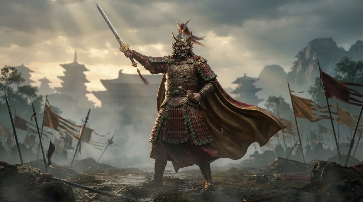 華麗な鎧と兜を身にまとった戦士が、旗や古代の建造物が背景に広がる戦場で、剣を高く掲げている。.