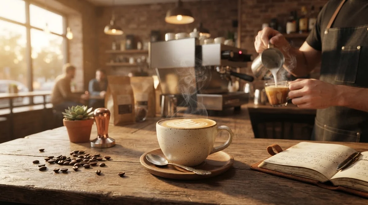 素朴なカフェのカウンターで、バリスタがコーヒーを淹れている。木製のカウンターの上には、ラテアートが施されたラテ、スプーン、ノート、そしてコーヒー豆が置かれている。.
