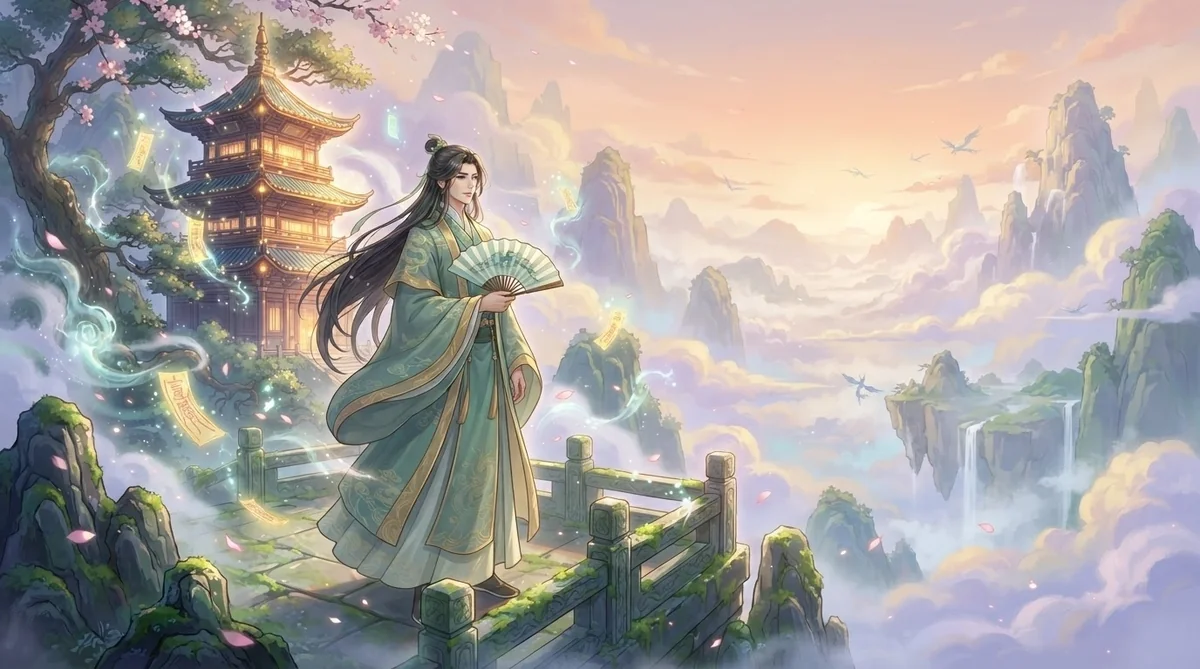 中国の仙侠世界観を表す美麗な幻想風景と漢服を着た人物