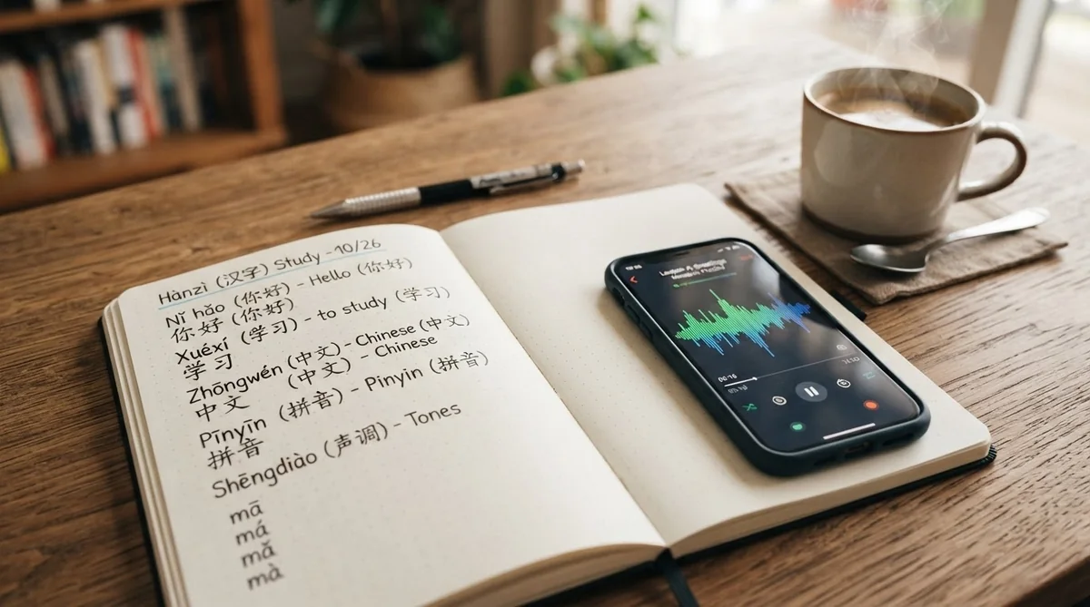 中国語のピンインノートと録音スマートフォン