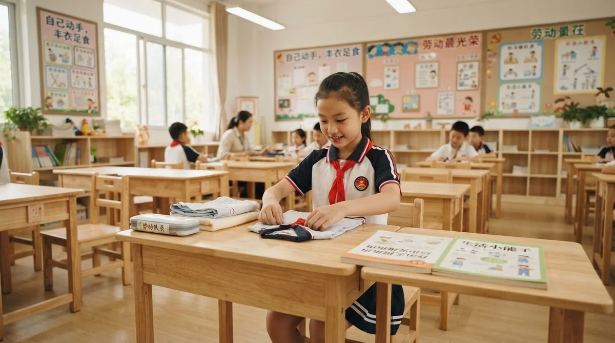 中国の小学校の教室で机の上を整理整頓し生活技能を学ぶ児童の様子