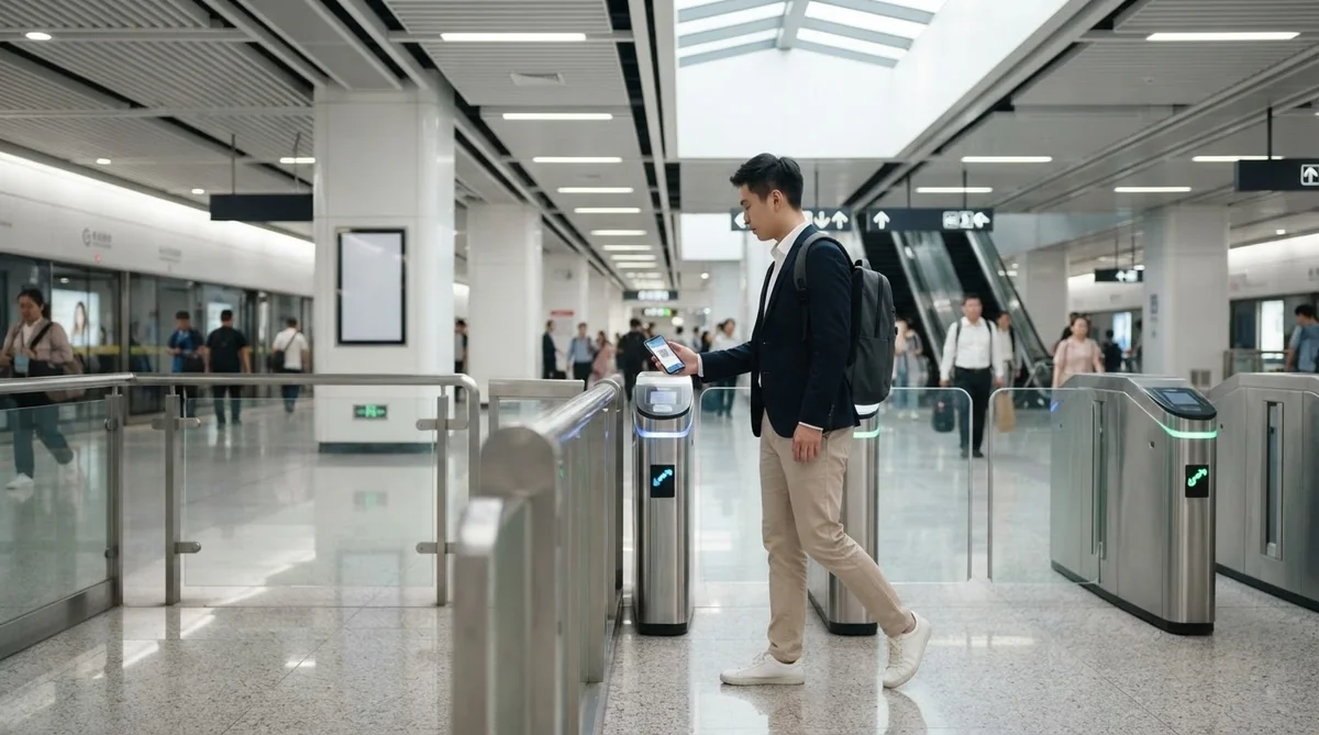 中国の現代的な地下鉄駅コンコースと保安検査場の様子