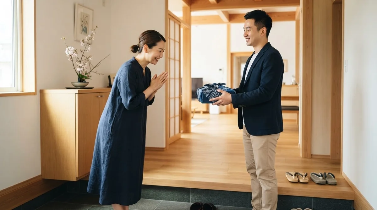 日本の住宅の玄関で中国人ゲストから手土産を受け取るホストの様子