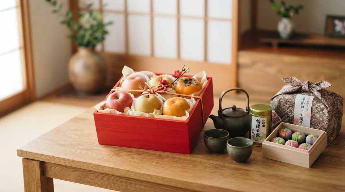 赤いギフト箱に入った果物や日本のお菓子の手土産セット