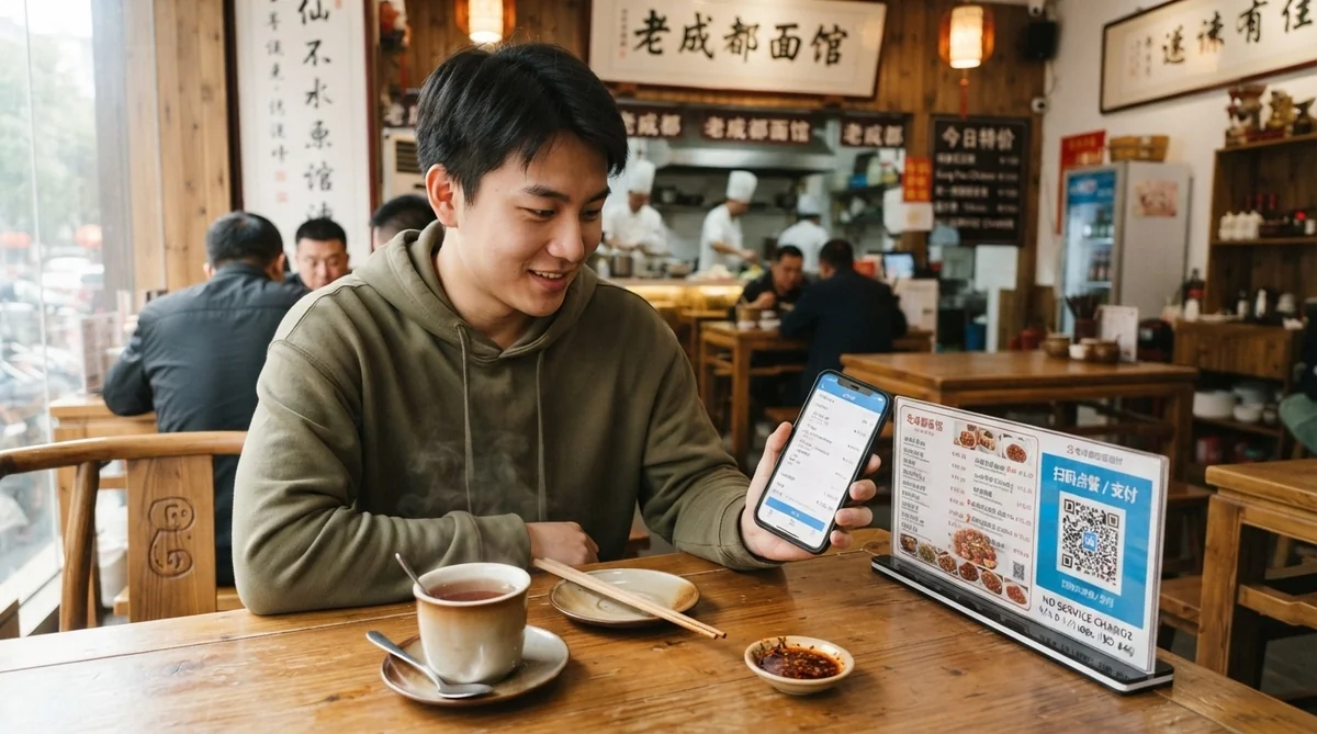 清潔な中国のローカルレストランでスマホのデジタル伝票を確認する様子