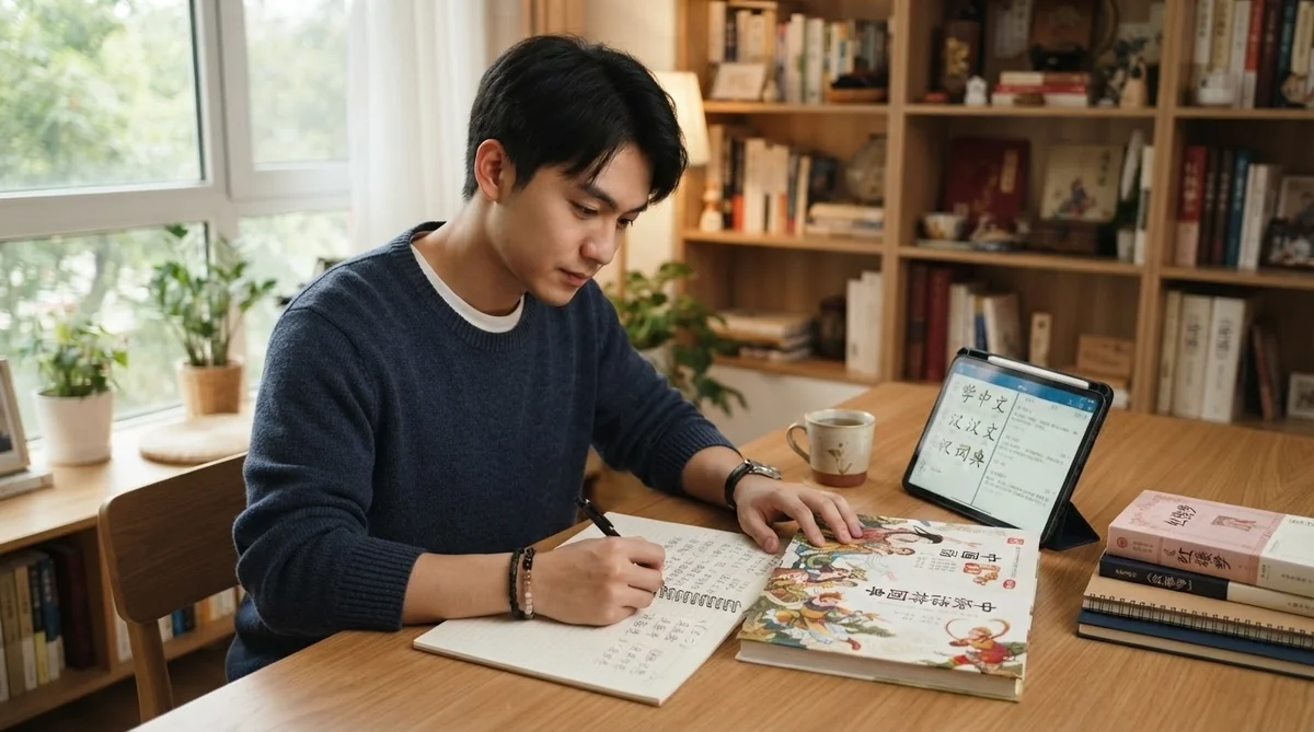 中国語の学習テキストとノートを開いて中国神話について勉強する学習者の様子