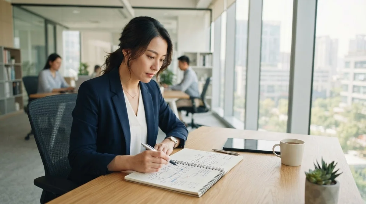 静かな個室で資料や時系列メモを確認しながら客観的に会話を進める様子