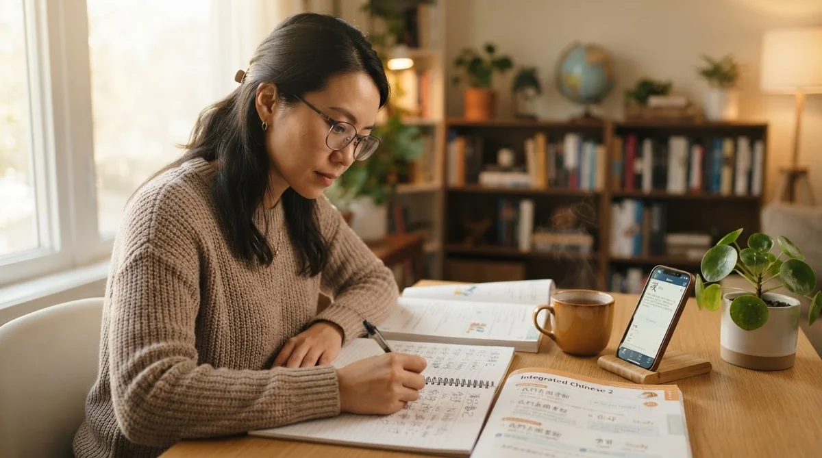 デスクで教材とノートを開いて集中して中国語を学習する場面