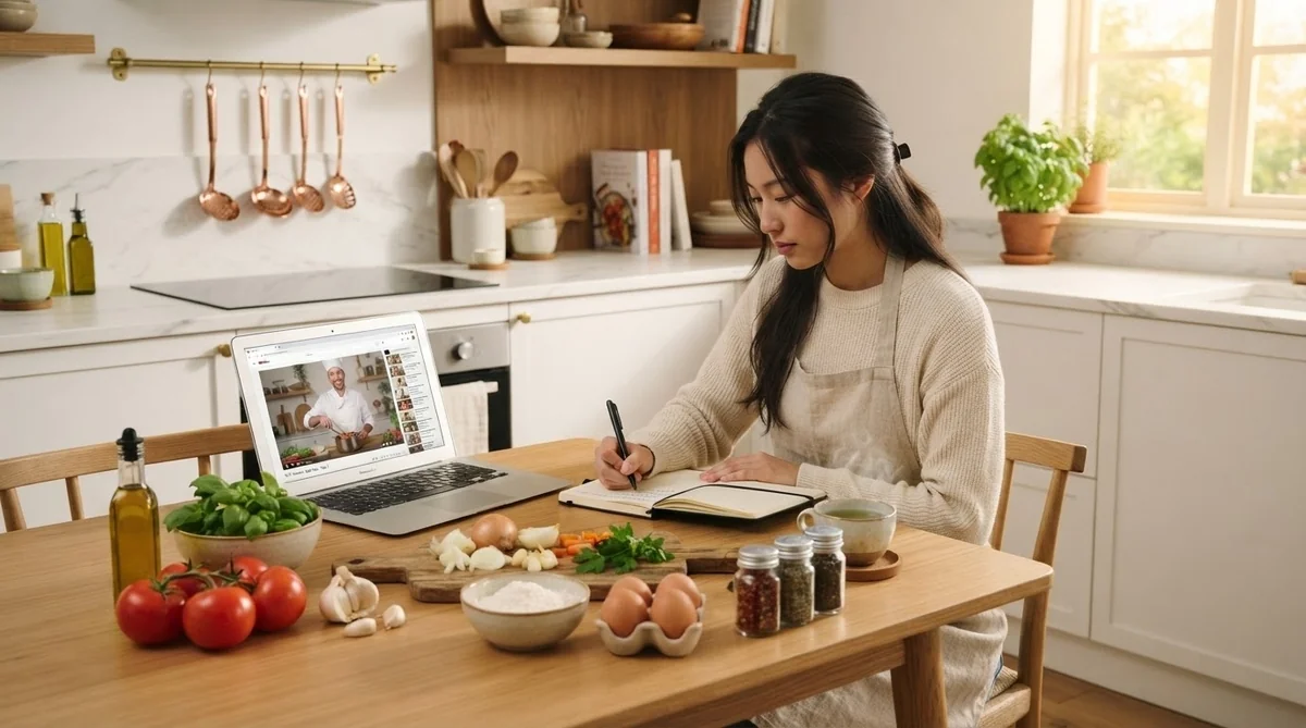 キッチンのテーブルでノートパソコンの料理動画を見ながら学習する様子